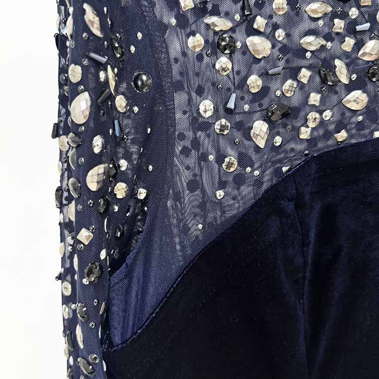 Crystal-Embellished Asymmetric Gown Dress Navy Blue Velvet Prom Dress
