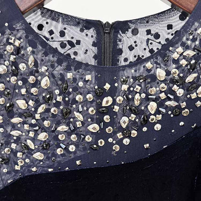 Crystal-Embellished Asymmetric Gown Dress Navy Blue Velvet Prom Dress