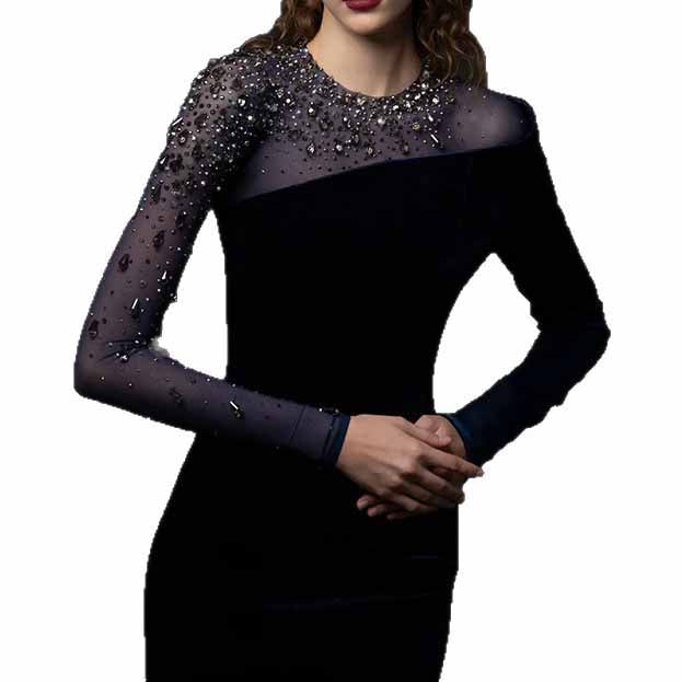 Crystal-Embellished Asymmetric Gown Dress Navy Blue Velvet Prom Dress