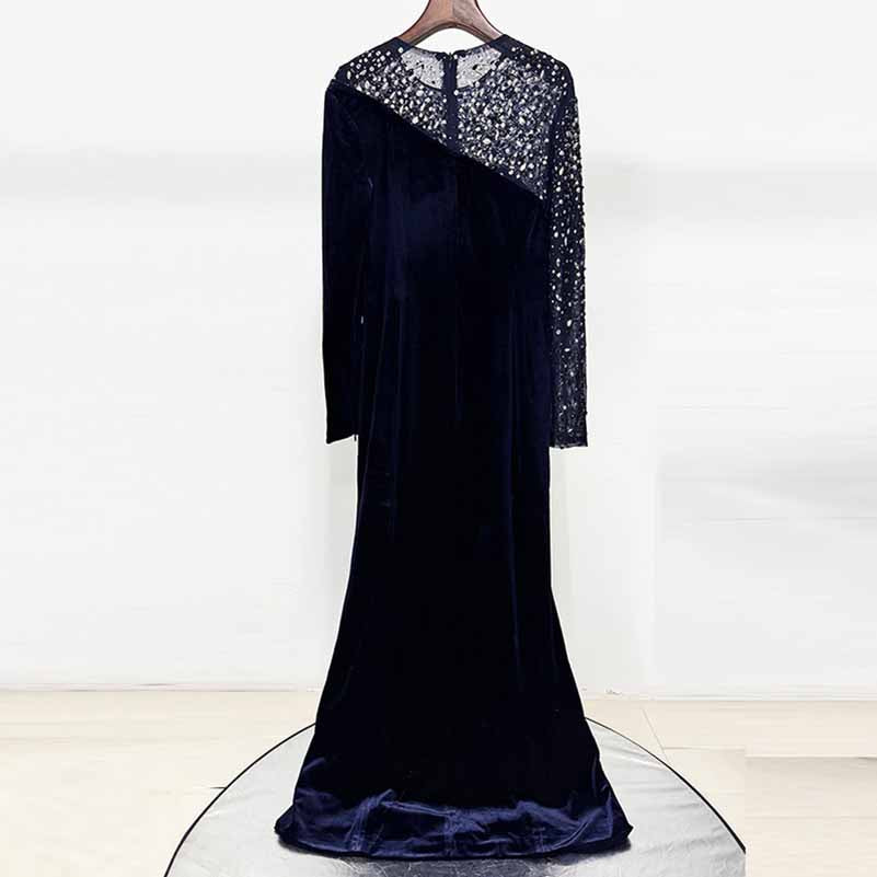 Crystal-Embellished Asymmetric Gown Dress Navy Blue Velvet Prom Dress