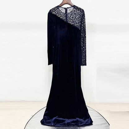 Crystal-Embellished Asymmetric Gown Dress Navy Blue Velvet Prom Dress