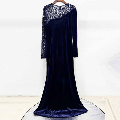 Crystal-Embellished Asymmetric Gown Dress Navy Blue Velvet Prom Dress