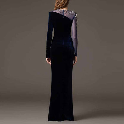 Crystal-Embellished Asymmetric Gown Dress Navy Blue Velvet Prom Dress