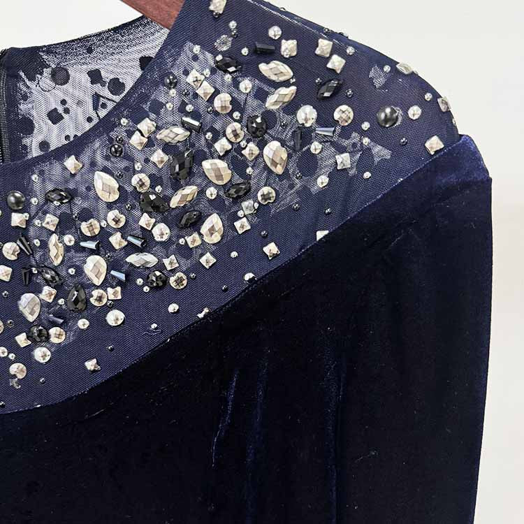 Crystal-Embellished Asymmetric Gown Dress Navy Blue Velvet Prom Dress