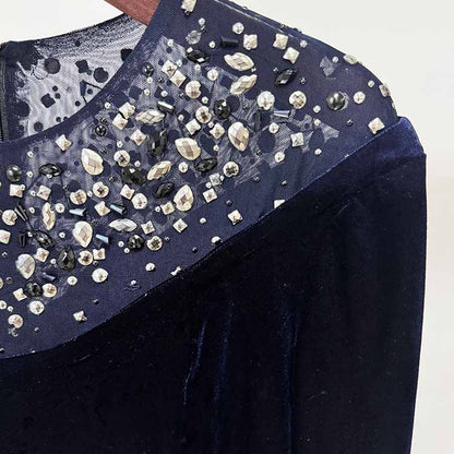 Crystal-Embellished Asymmetric Gown Dress Navy Blue Velvet Prom Dress