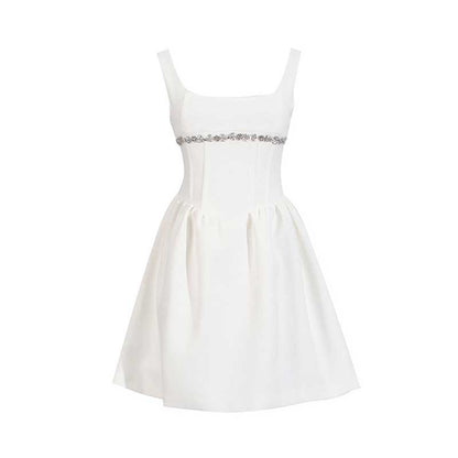Crystal-Embellished Square-Neck Sleeveless Mini Dress