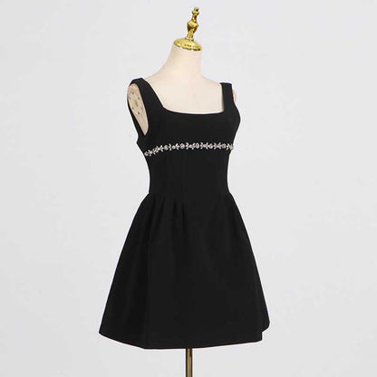 Crystal-Embellished Square-Neck Sleeveless Mini Dress