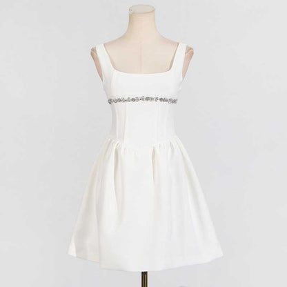 Crystal-Embellished Square-Neck Sleeveless Mini Dress