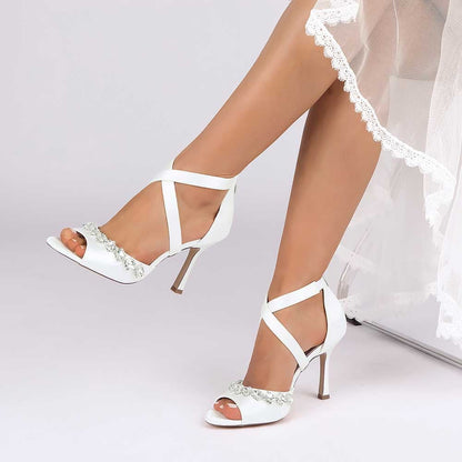 Crystal Detail Cross Strap Sandals Hand-Made Wedding Shoes Zipper Back Dress Heels