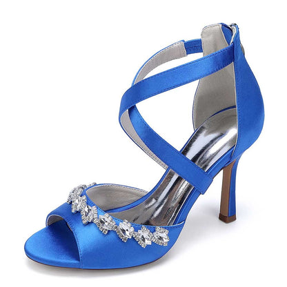 Crystal Detail Cross Strap Sandals Hand-Made Wedding Shoes Zipper Back Dress Heels
