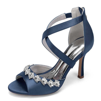Crystal Detail Cross Strap Sandals Hand-Made Wedding Shoes Zipper Back Dress Heels