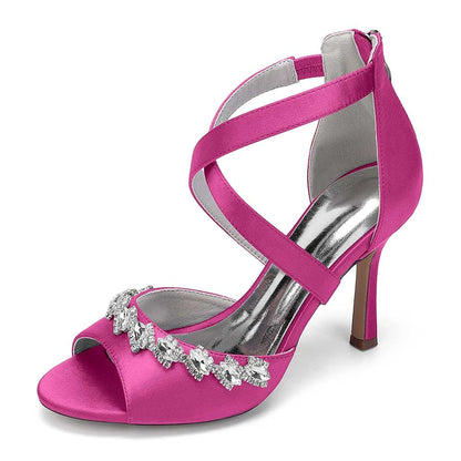 Crystal Detail Cross Strap Sandals Hand-Made Wedding Shoes Zipper Back Dress Heels