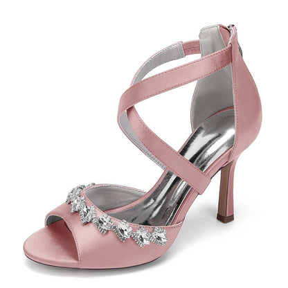 Crystal Detail Cross Strap Sandals Hand-Made Wedding Shoes Zipper Back Dress Heels