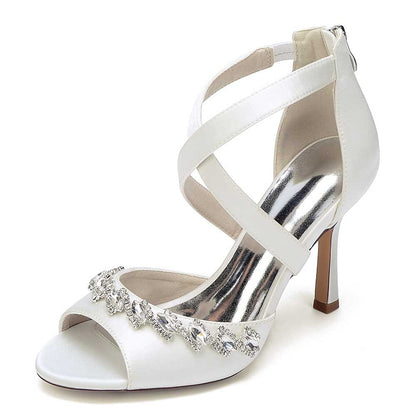 Crystal Detail Cross Strap Sandals Hand-Made Wedding Shoes Zipper Back Dress Heels