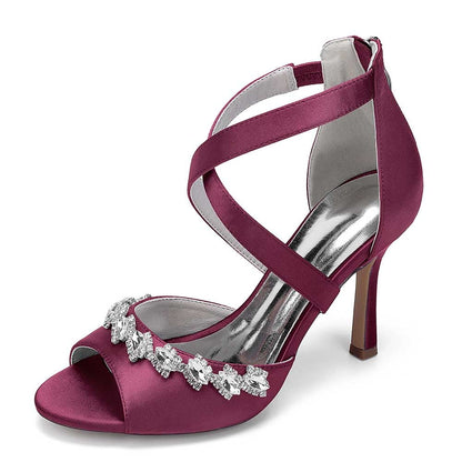 Crystal Detail Cross Strap Sandals Hand-Made Wedding Shoes Zipper Back Dress Heels