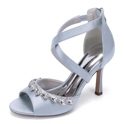 Crystal Detail Cross Strap Sandals Hand-Made Wedding Shoes Zipper Back Dress Heels