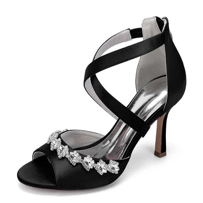Crystal Detail Cross Strap Sandals Hand-Made Wedding Shoes Zipper Back Dress Heels