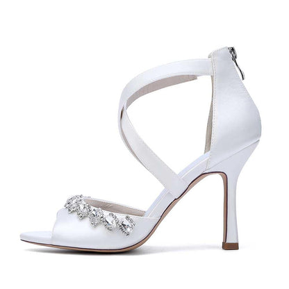 Crystal Detail Cross Strap Sandals Hand-Made Wedding Shoes Zipper Back Dress Heels