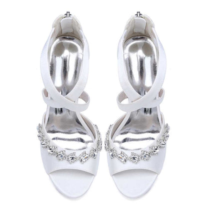 Crystal Detail Cross Strap Sandals Hand-Made Wedding Shoes Zipper Back Dress Heels