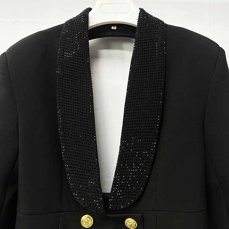 Crystal Embellished Jacket Tunic Spliced Button Diamond Blazer