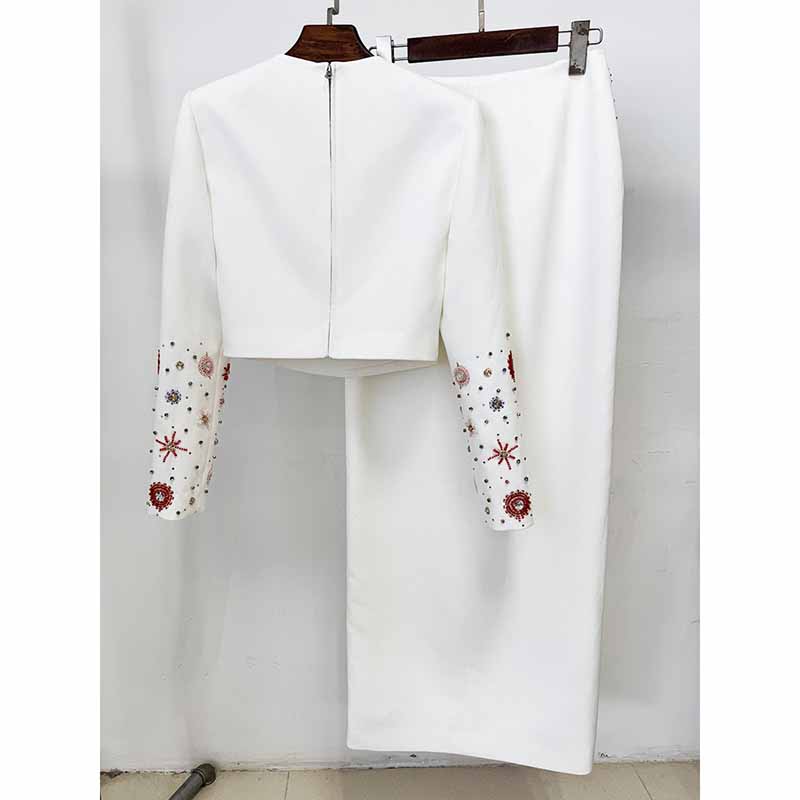 Crystal Long 2 Pieces Skirt Suits Sexy Crop Top Beading Midi Suit