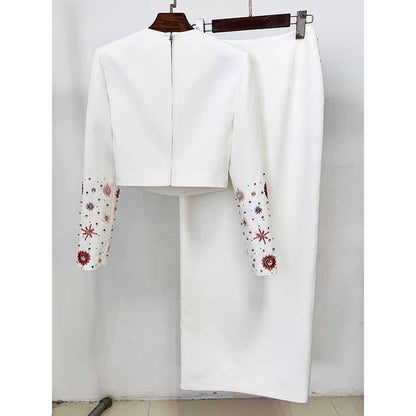 Crystal Long 2 Pieces Skirt Suits Sexy Crop Top Beading Midi Suit