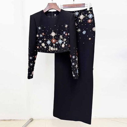 Crystal Long 2 Pieces Skirt Suits Sexy Crop Top Beading Midi Suit