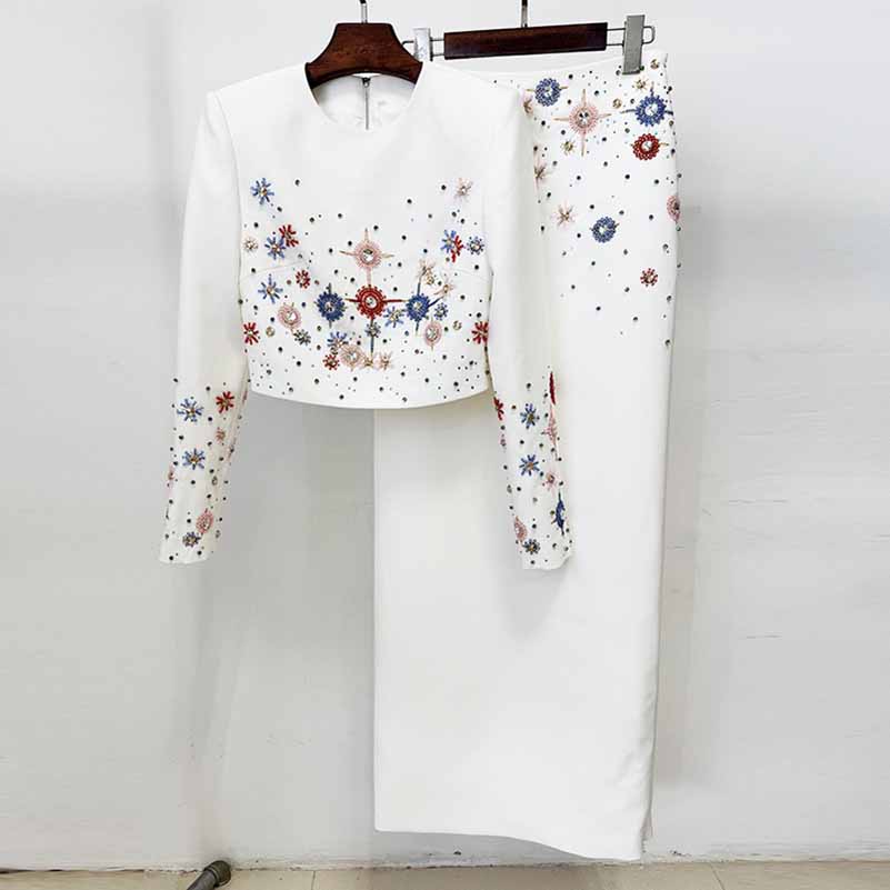 Crystal Long 2 Pieces Skirt Suits Sexy Crop Top Beading Midi Suit