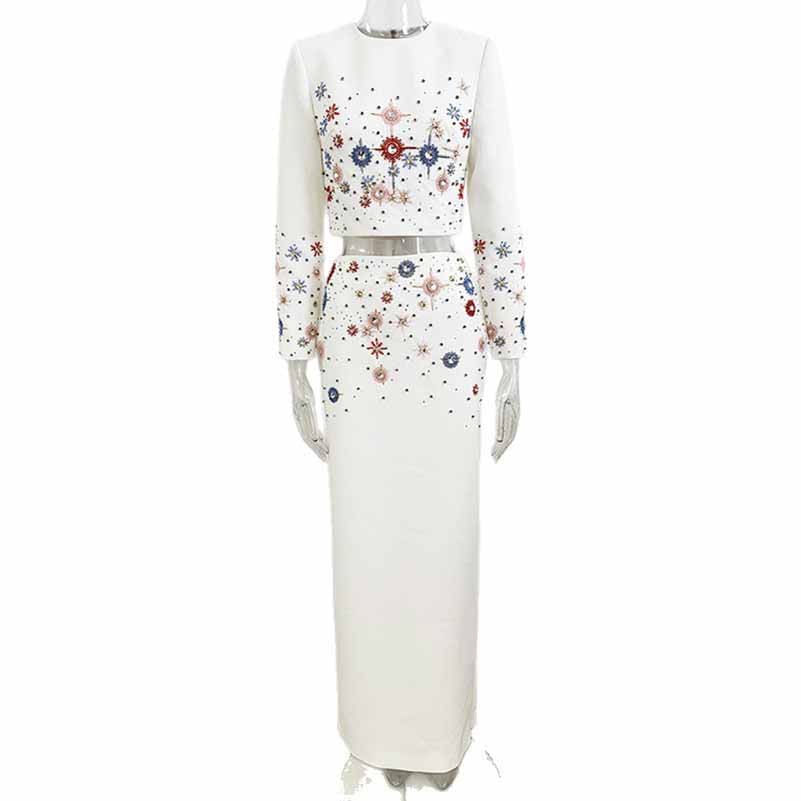 Crystal Long 2 Pieces Skirt Suits Sexy Crop Top Beading Midi Suit