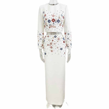 Crystal Long 2 Pieces Skirt Suits Sexy Crop Top Beading Midi Suit