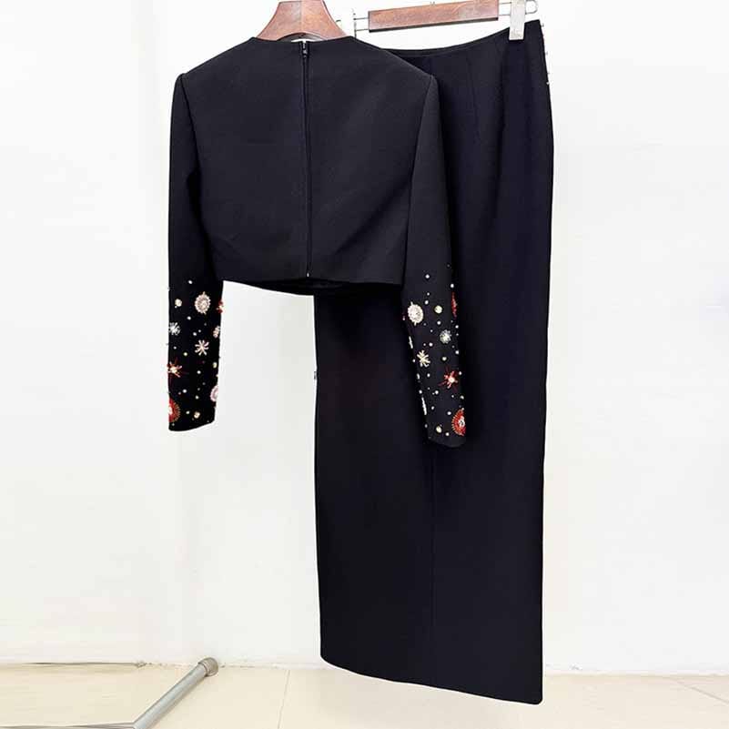 Crystal Long 2 Pieces Skirt Suits Sexy Crop Top Beading Midi Suit