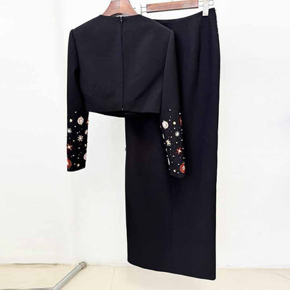 Crystal Long 2 Pieces Skirt Suits Sexy Crop Top Beading Midi Suit