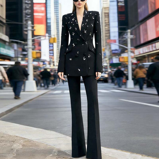 Black double breasted pantsuit with crystal detail for wedding guest