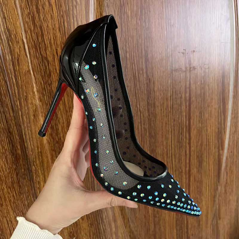 Custom Black Mesh Blue Rhinestone Stiletto Heels