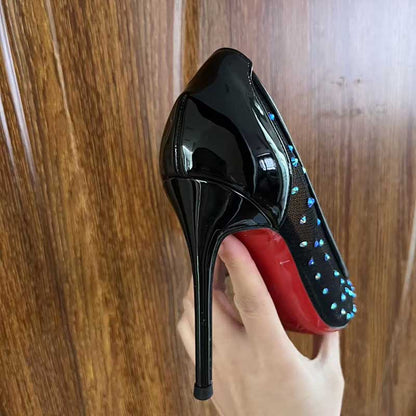 Custom Black Mesh Blue Rhinestone Stiletto Heels