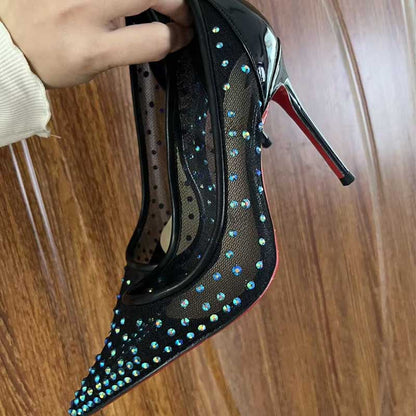 Custom Black Mesh Blue Rhinestone Stiletto Heels