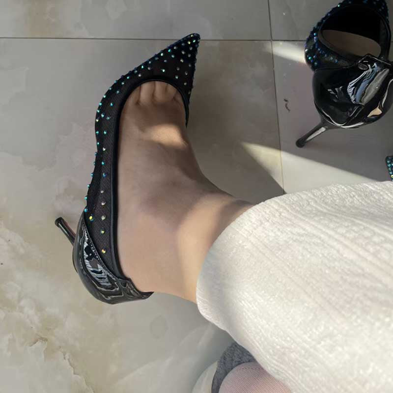 Custom Black Mesh Blue Rhinestone Stiletto Heels