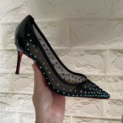 Custom Black Mesh Blue Rhinestone Stiletto Heels