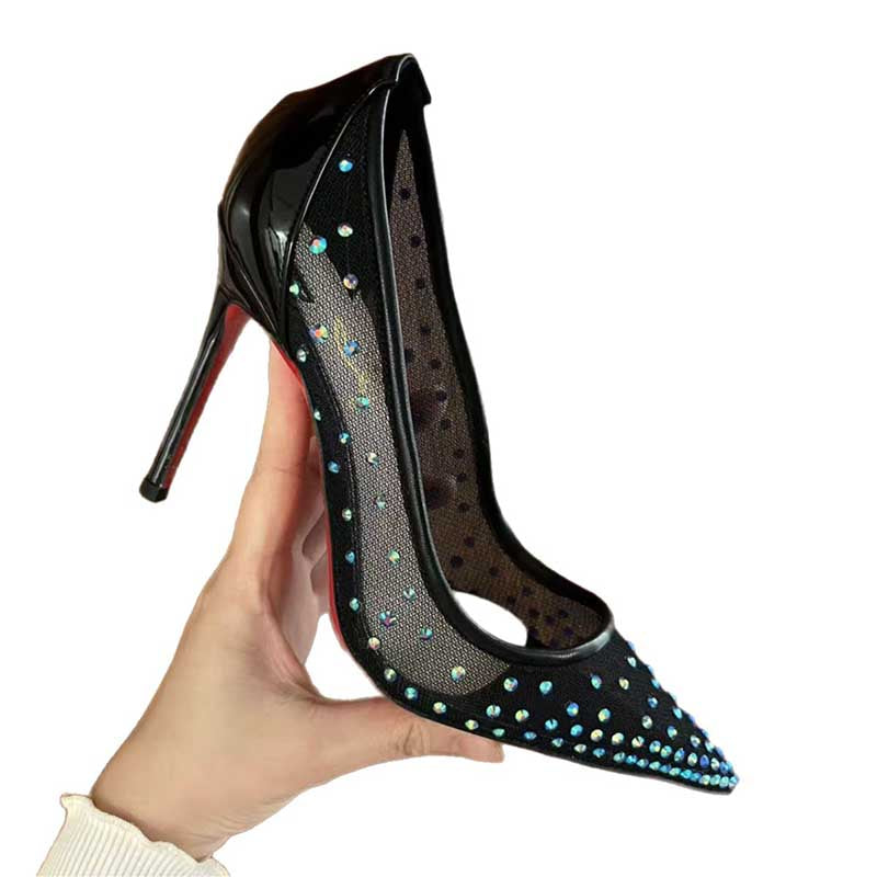 Custom Black Mesh Blue Rhinestone Stiletto Heels