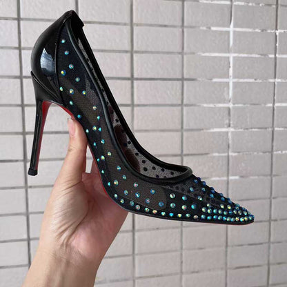 Custom Black Mesh Blue Rhinestone Stiletto Heels