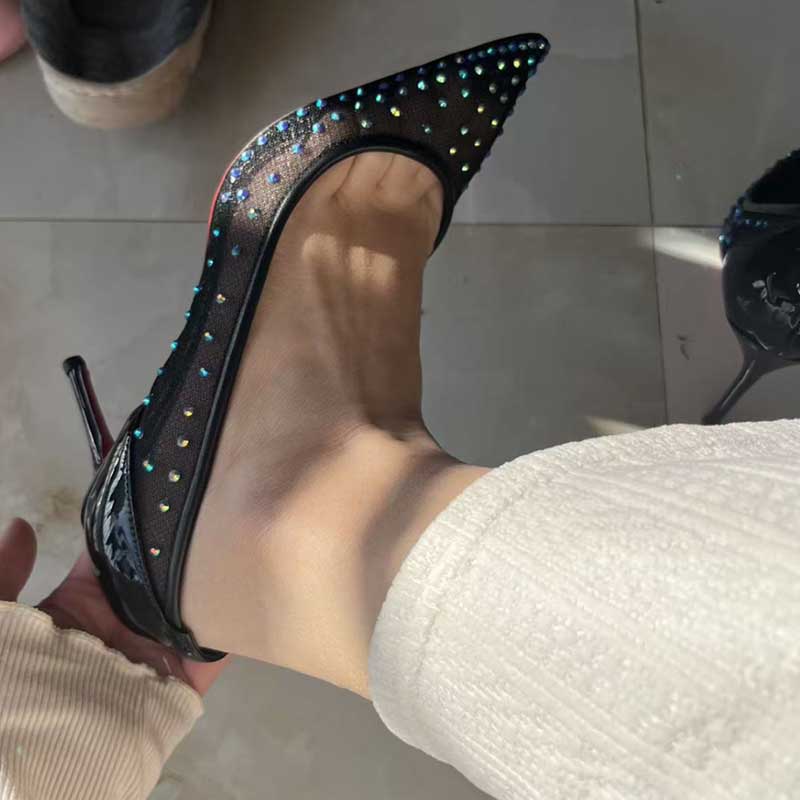 Custom Black Mesh Blue Rhinestone Stiletto Heels