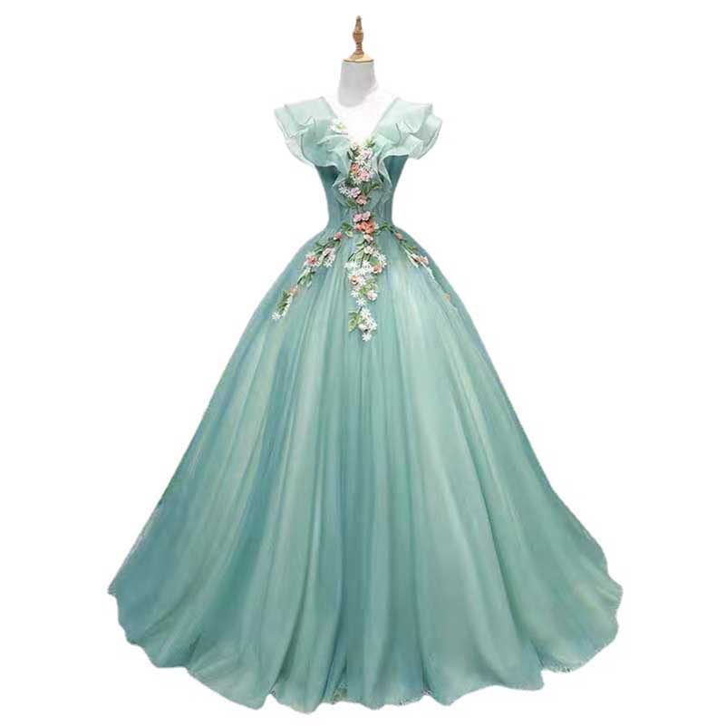 Custom Made Green Prom Dress Flying Sleeve Evening Dress V-Neck Party Dress