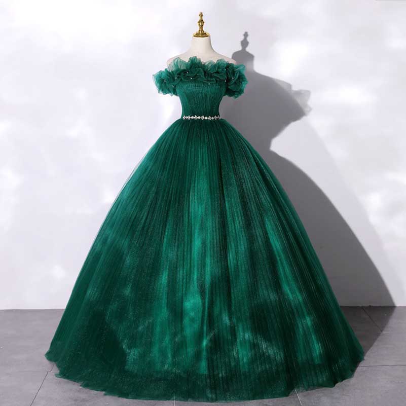 Custom Made Off-shoulder Emerald Gown With Flowy Skirt