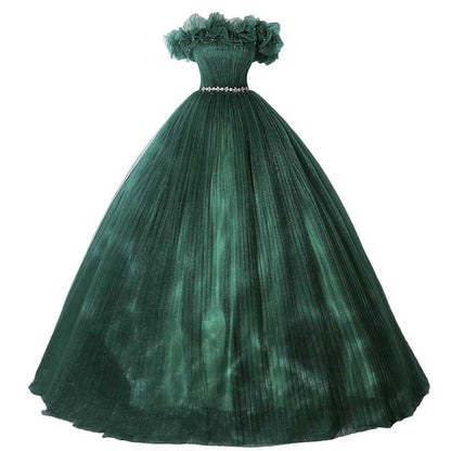 Custom Made Off-shoulder Emerald Gown With Flowy Skirt