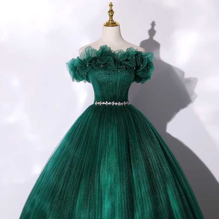 Custom Made Off-shoulder Emerald Gown With Flowy Skirt