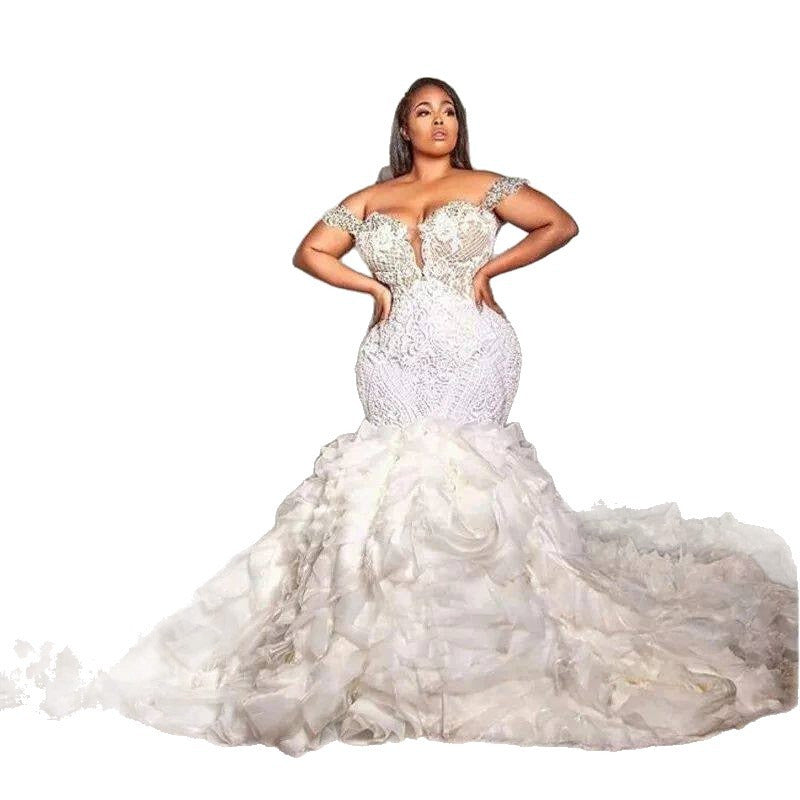 Custom Off-Shoulder Lace Mermaid Wedding Dress – Beaded Bodice & Ruffled Tulle Train