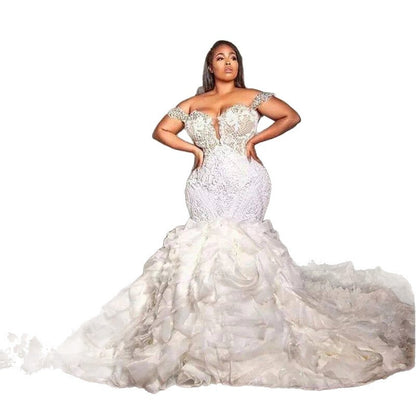 Custom Off-Shoulder Lace Mermaid Wedding Dress – Beaded Bodice & Ruffled Tulle Train