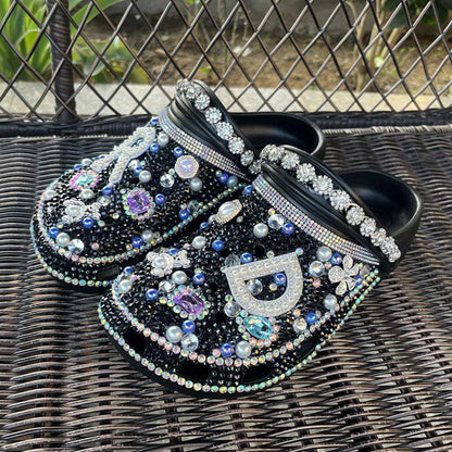 Custom Rhinestone Beads Clog Shoes Blinged Crocs Sandals Closed Toe Slip On Mules