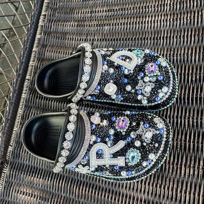 Custom Rhinestone Beads Clog Shoes Blinged Crocs Sandals Closed Toe Slip On Mules