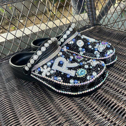 Custom Rhinestone Beads Clog Shoes Blinged Crocs Sandals Closed Toe Slip On Mules
